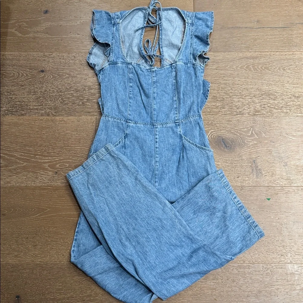 We The Free Free People Denim Tie Front Ruffle Sleeve Wide Leg Jumpsuit Size S - Picture 2 of 6